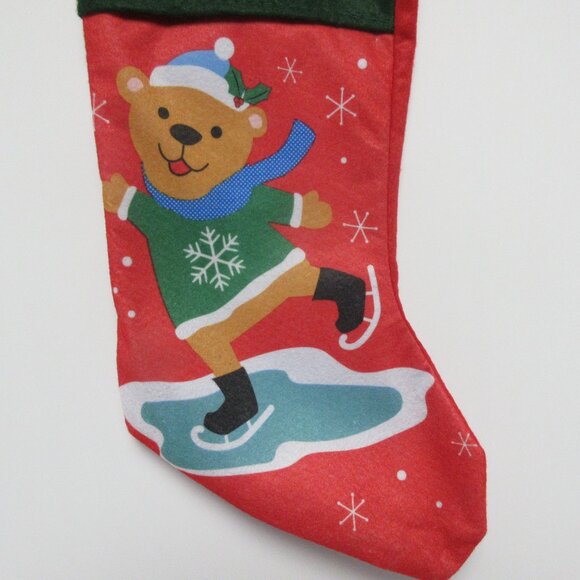 Teddy Bear Red Felt Christmas Stocking Applique W ICE SKATES Green&Red - Picture 2 of 4
